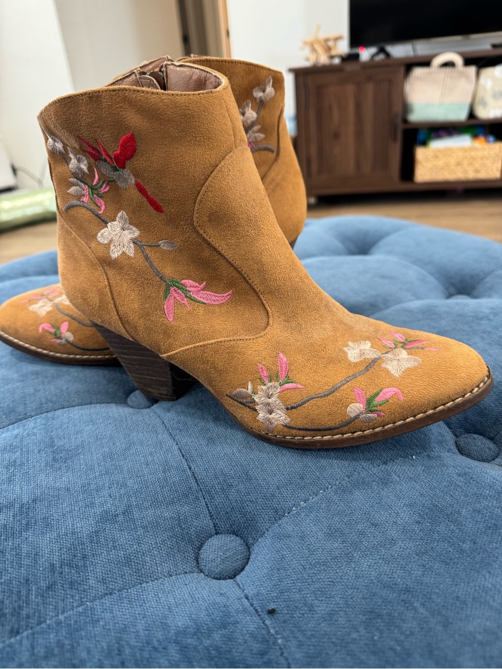 Embroidered Tan Suede Ankle Boots - Women